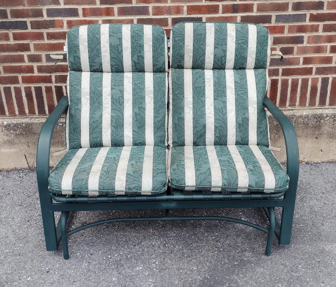 Outdoor Glider Loveseat: 48" wide X 29" deep X 49" high. MG.