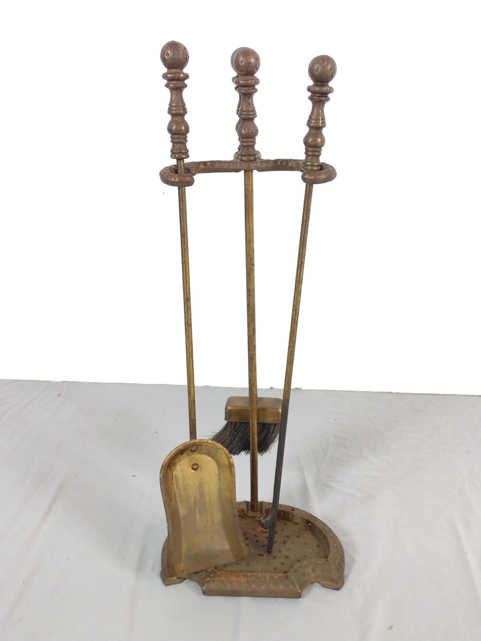 Fire Place Tools: Overall 10-1/2" wide X 7-1/2" deep X 27" high. Has some finish loss. MG.