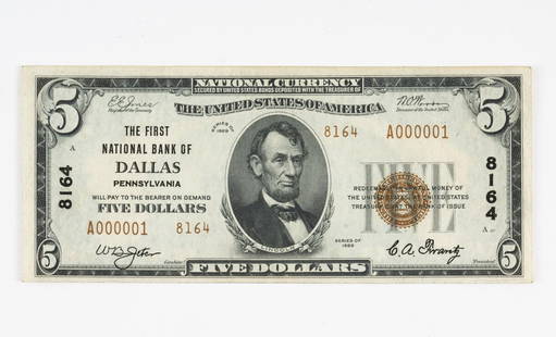 1929 Dallas, Pennsylvania $5 National Currency Note: First National Bank of Dallas, Pennsylvania. Good condition. AJ.