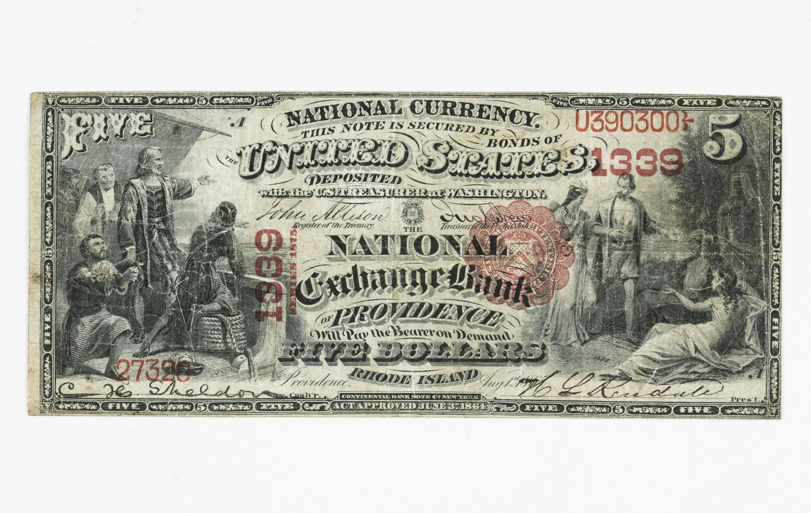 1865 Providence, Rhode Island $5 National Currency Note (1 of 2)