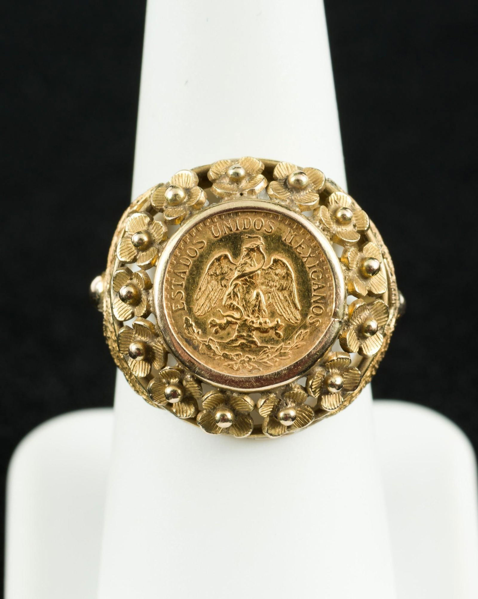 1945 Mexico Gold Dos Pesos Ring: 1945 Mexico 2 pesos gold coin in ring. Size 7-1/2. Pendant diameter 3/4". 7.5 g. AJ.