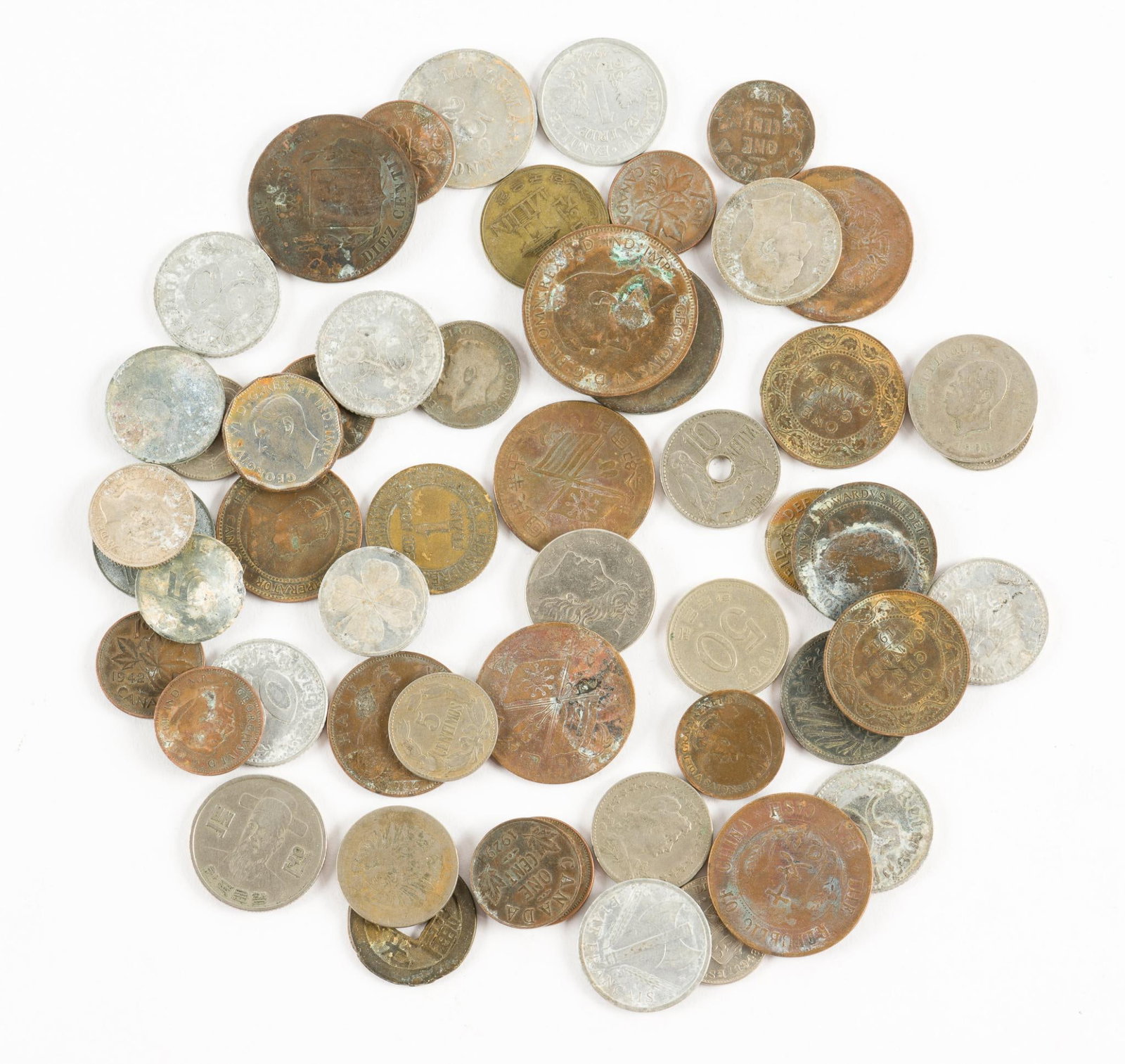 53 Foreign Coins Inc. Canada & Britain: Includes 1902, 1906, 1913 and 1919 Canadian pennies, 1906 Haiti, and more, including Canada and Britain. AJ.
