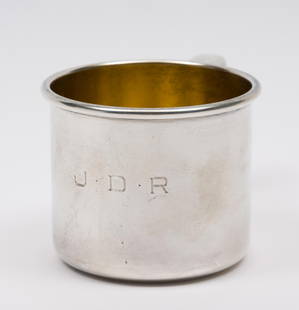 Gorham Sterling Engraved Cup: Gorham sterling engraved cup. Marked Gorham and Sterling to bottom and "J.D.R" on cup. Gold wash interior. 2.4 ozt. 2-3/4" diameter x 2-1/4" high. AJ.