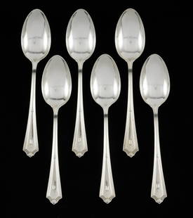 6 Gorham Plymouth Teaspoons: Six Gorham Plymouth teaspoons. Marked 1911, F.L. Ballard, Sterling, with maker's mark on back. Engraved on front. 3.84 ozt total, 0.63 ozt each. 5-3/4" long. Light scratching consistent with careful u