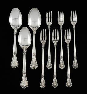 9 Pcs. Gorham Chantilly Flatware: Includes 3 teaspoons and 6 oyster forks. Marked sterling with maker's marks. Engraved on front. 4.51 ozt total, 0.50 ozt each. Spoon 5-3/4" long. Fork 5-1/2" long. Light scratching consistent with car