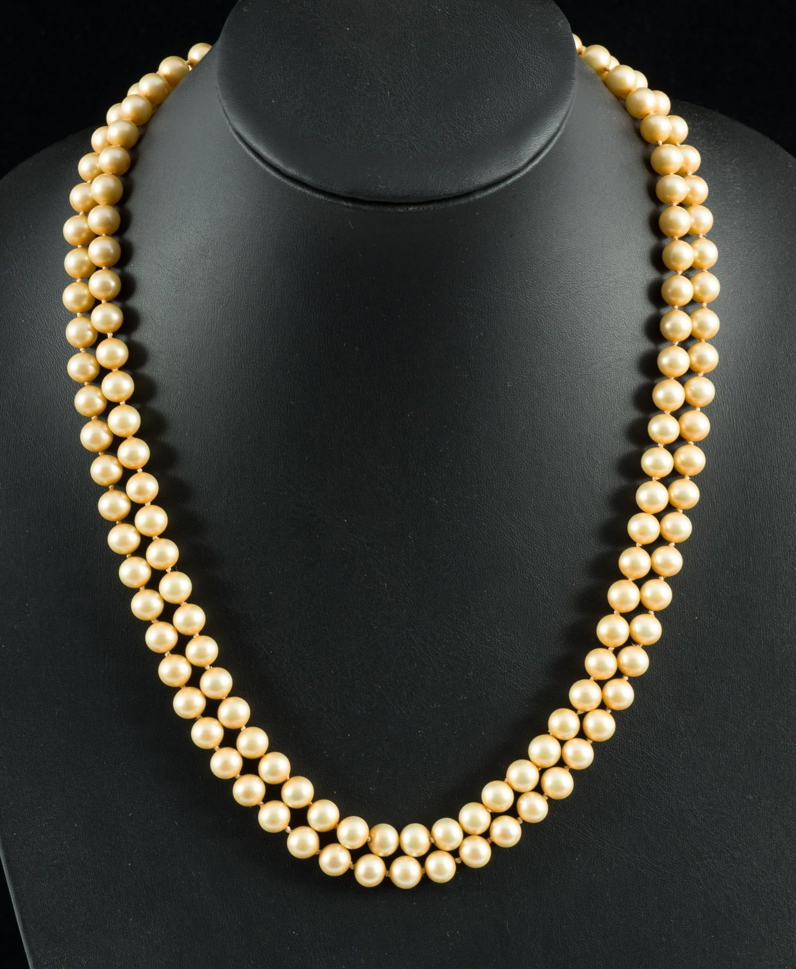 Pearl Necklace w/ Gold Clasp: 20" long with 1/4" pearls and gold clasp with sapphires. AJ.