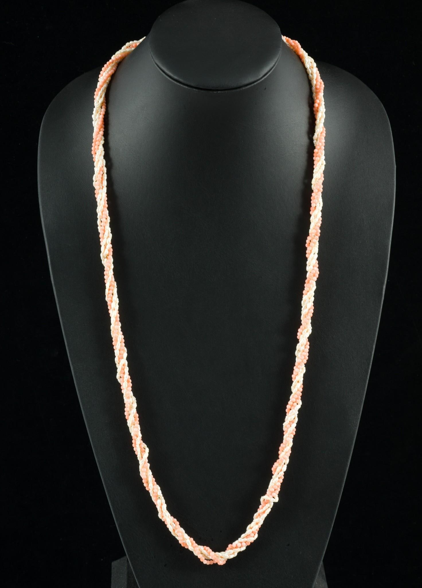 Coral & Seed Pearl Necklace: 33" long. Unmarked. AJ.