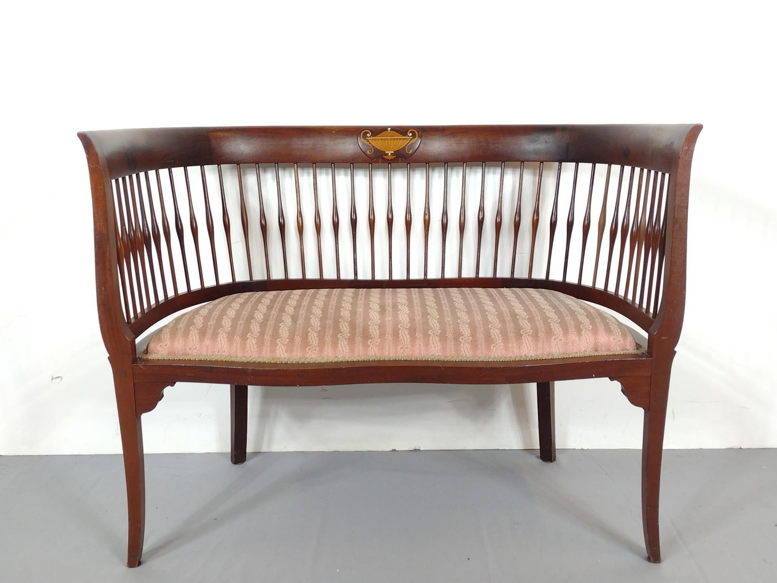 Inlaid Settee: 39-1/2" wide X 21" deep X 30" high. Has a few light scratches. MG.
