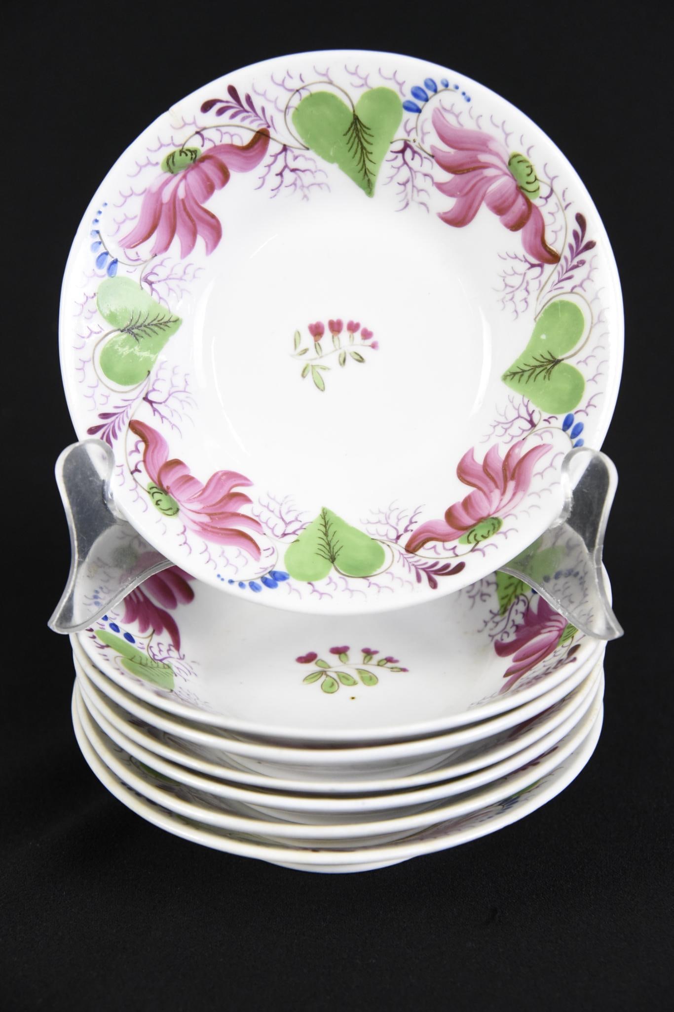7 Soft Paste Hand Painted Bowls: Each 5-1/2" diameter x 1-1/4" high. Some discoloration consistent with age and use. JS