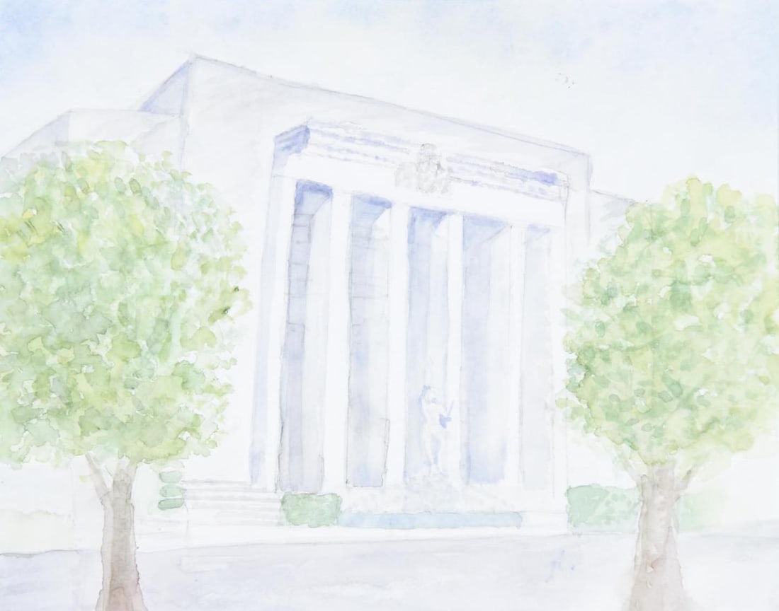 Architectural Watercolor: Unsigned. Sight: 7-1/2" high x 9-1/2" high. Overall with frame 13-3/4" high x 16-1/2" wide. LR