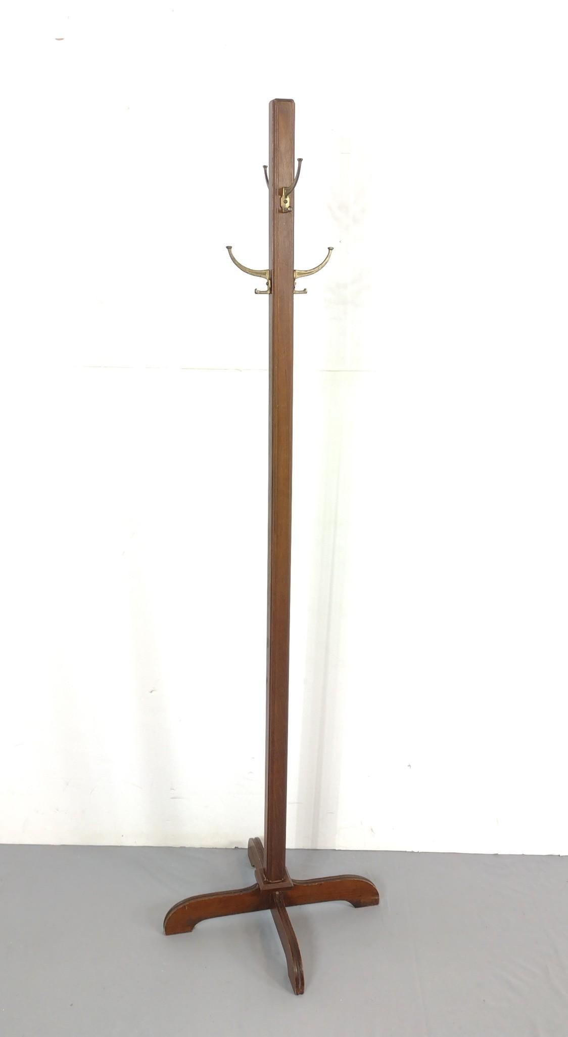 Wood/Brass Coat Tree: 15" wide X 15" deep X 69" high. Has some light wear. MG.