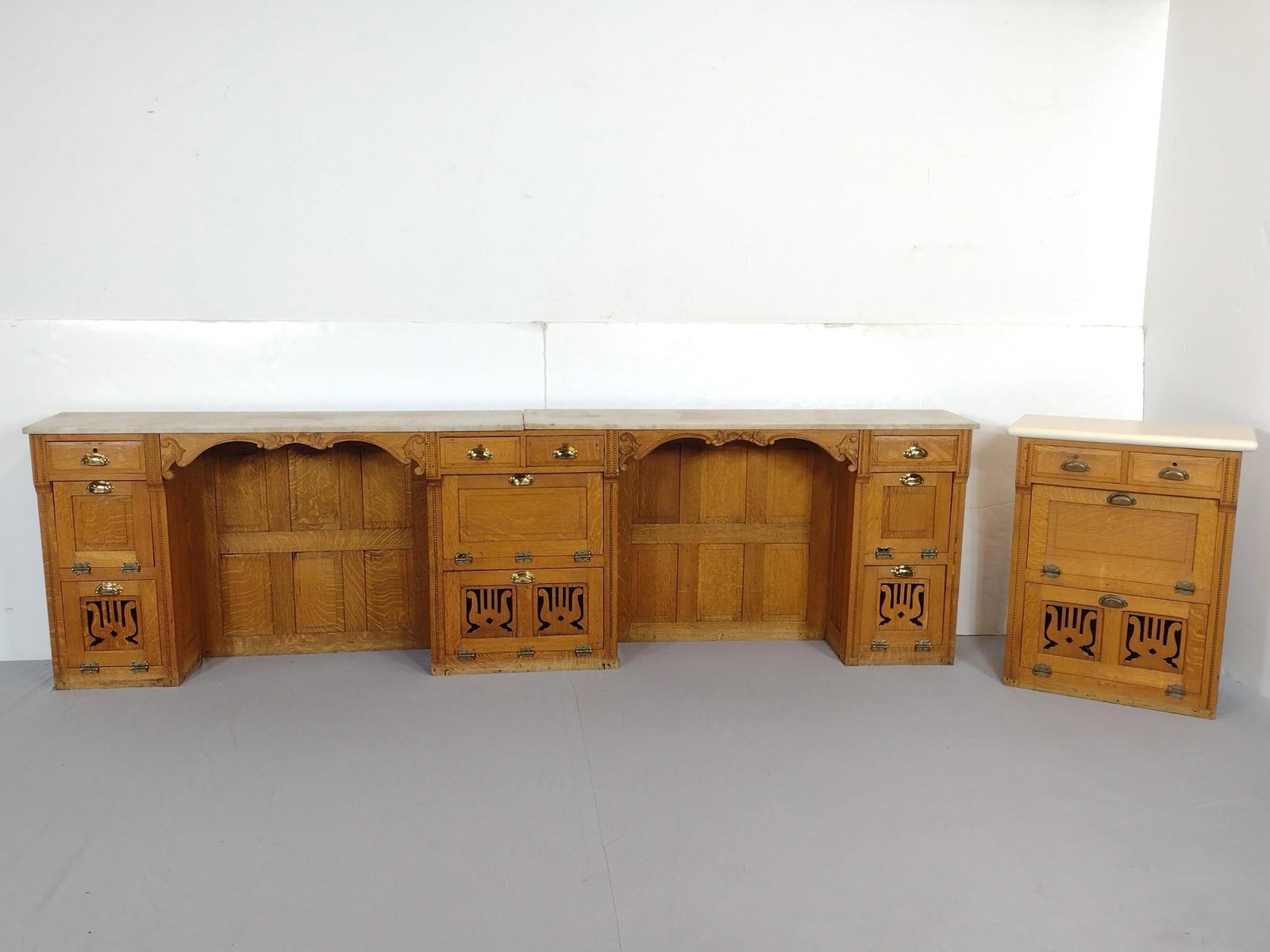 Antique Marble Top Barber Back: Wall unit 10'5-1/2" long X 14-1/2" deep X 35-1/2" high. Stand alone 29" wide X 14-1/2" deep X 36" high. All Pcs have some scratches and finish loss at base. Wall unit marble is discolored. MG.