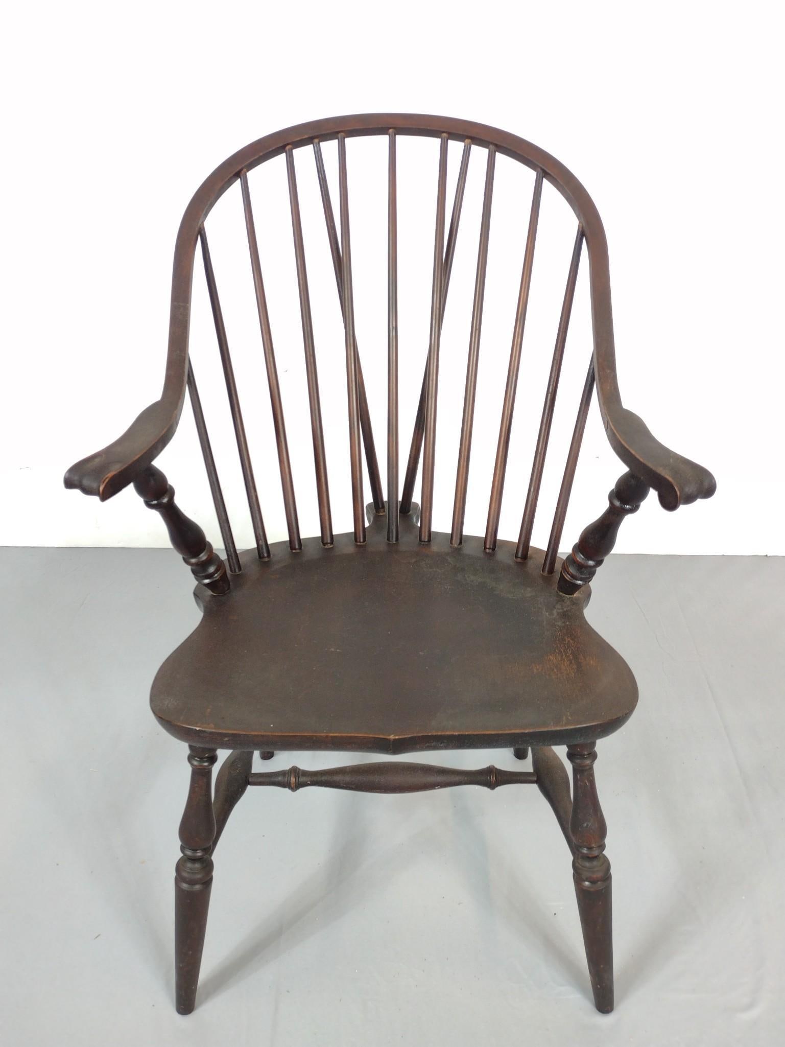 Windsor Arm Chair: 24" wide X 19-3/4" deep X 37" high. Has some wear consistent with age and use. MG.
