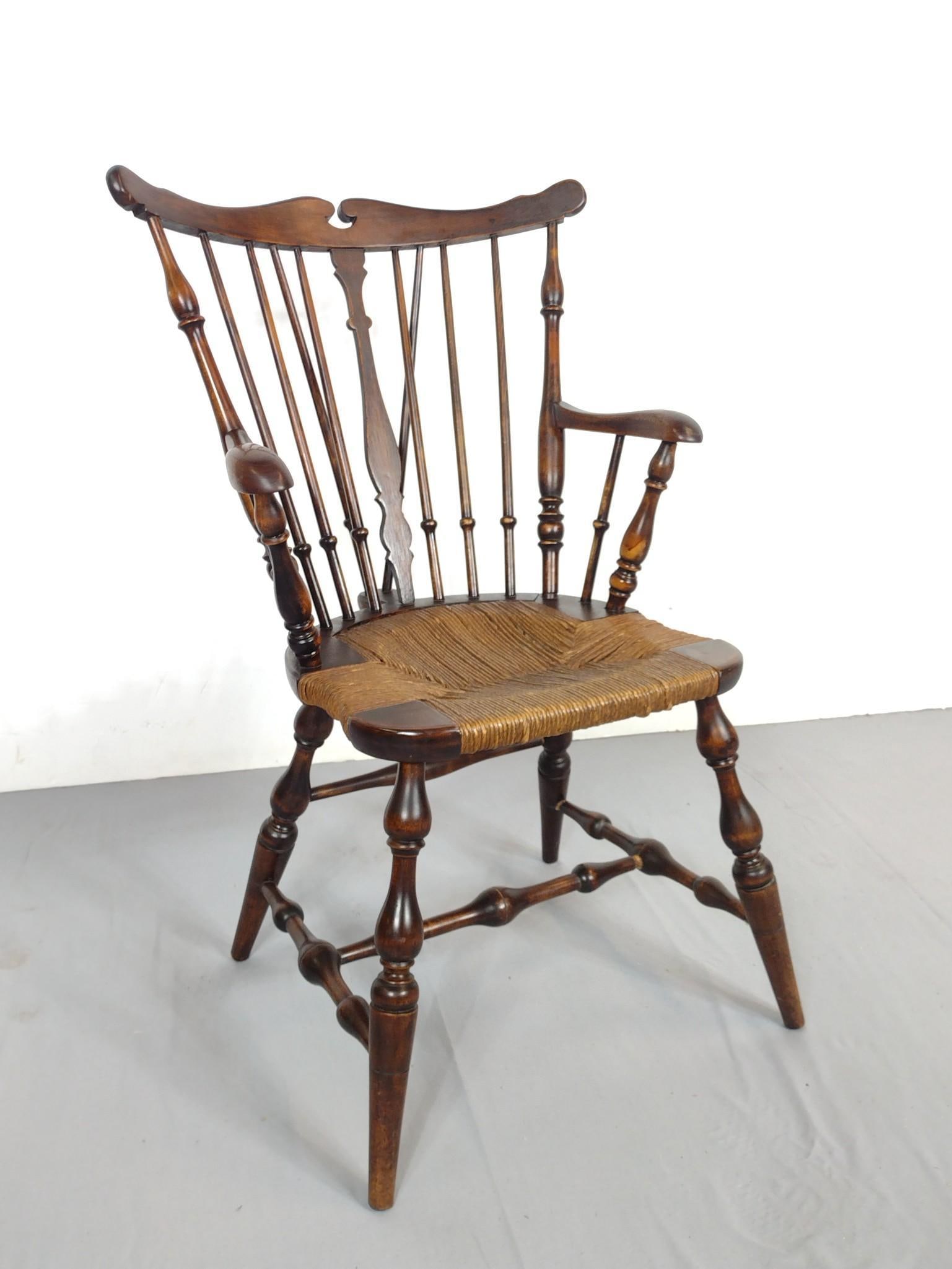 Windsor Arm Chair with Thatched Seat: 18" wide X 20" deep X 36-1/2" high. Has some light scratches. MG.