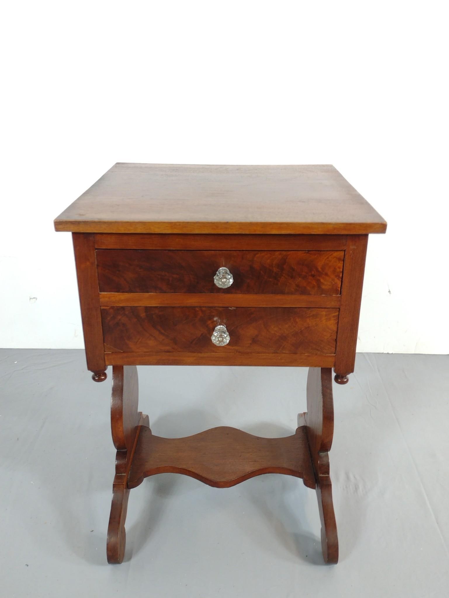 Two Drawer Work Table: 19-1/2" wide X 19-1/2" deep X 29-1/2" high. Has a few light scratches. MG.