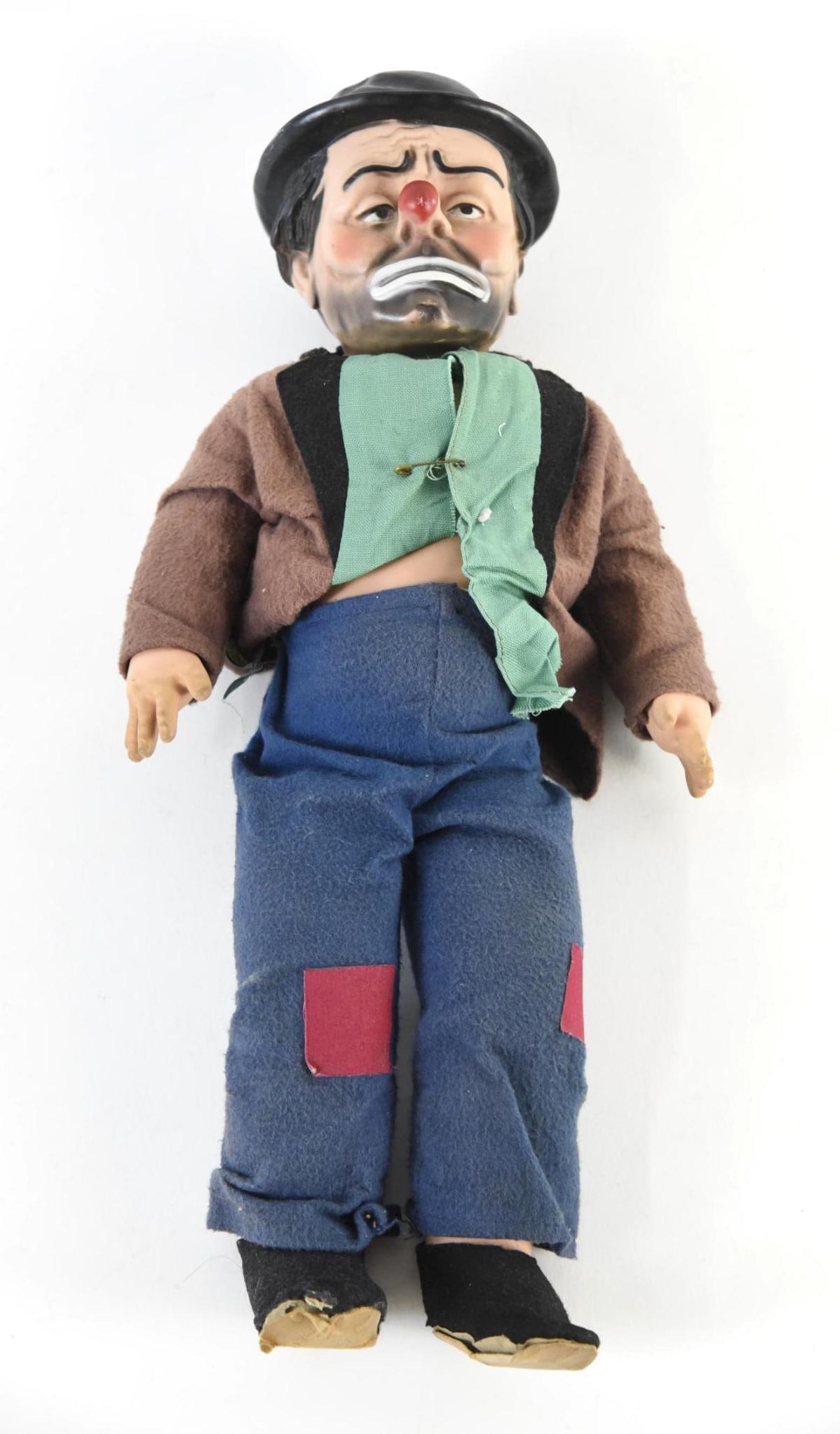 Emmett Kelly's Willy the Clown Doll: Overall 16-1/2" high. Head detached. Cardboard shoe soles with tears and losses. Some paint losses. Pull string missing. JS