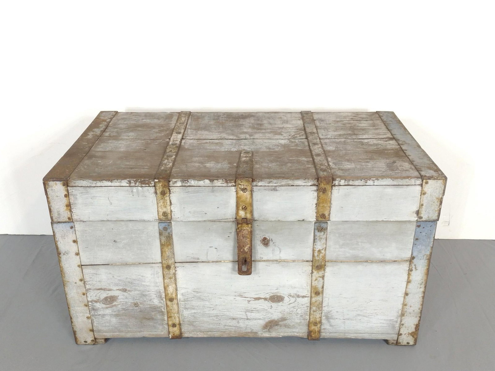 Trunk: 35-1/2" wide X 19" deep X 19-1/2" high. Has paint loss. MG.