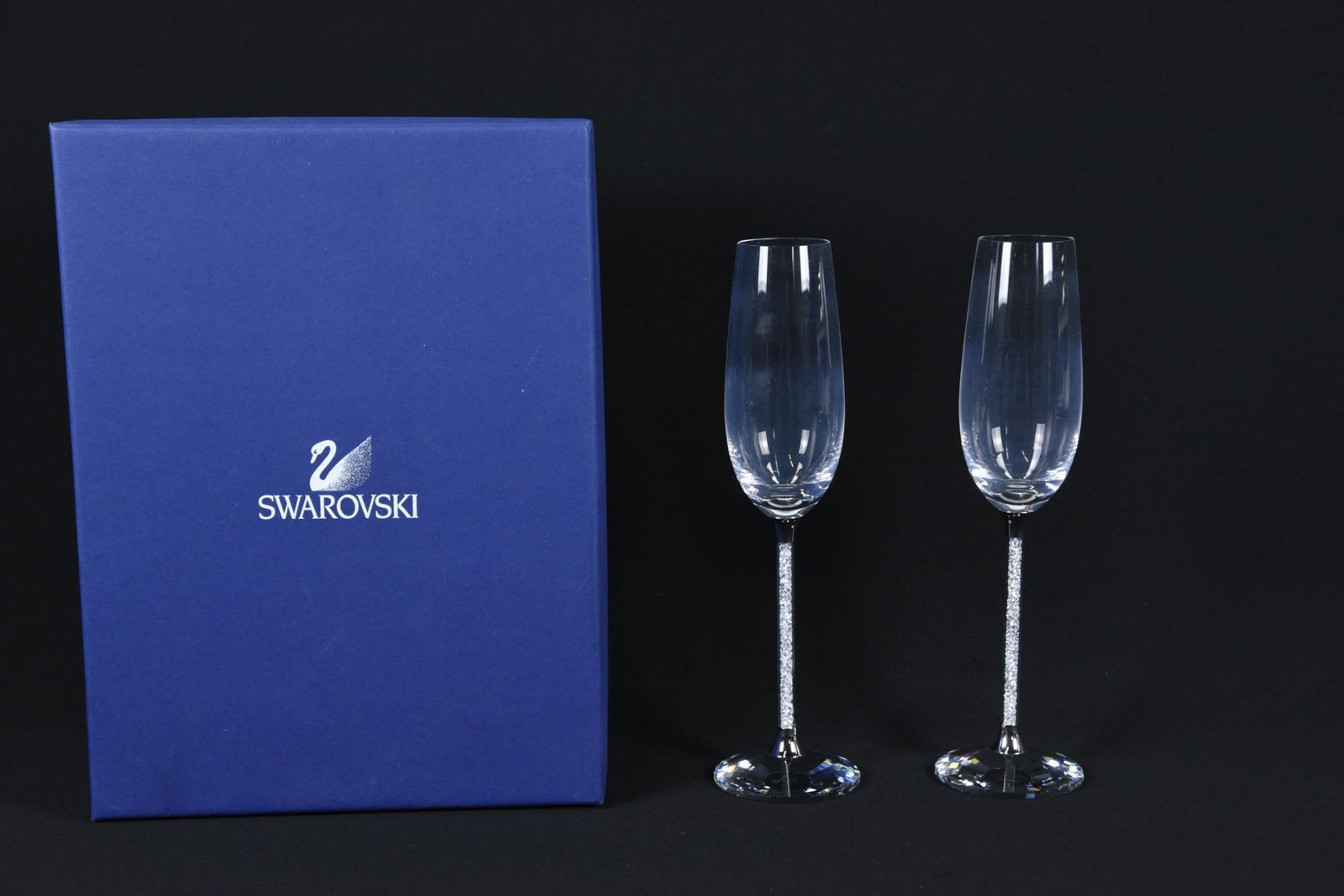 Pr Swarovski Champagne Glasses: Original box included. 2-3/4" diameter x 10-1/4" high. LR
