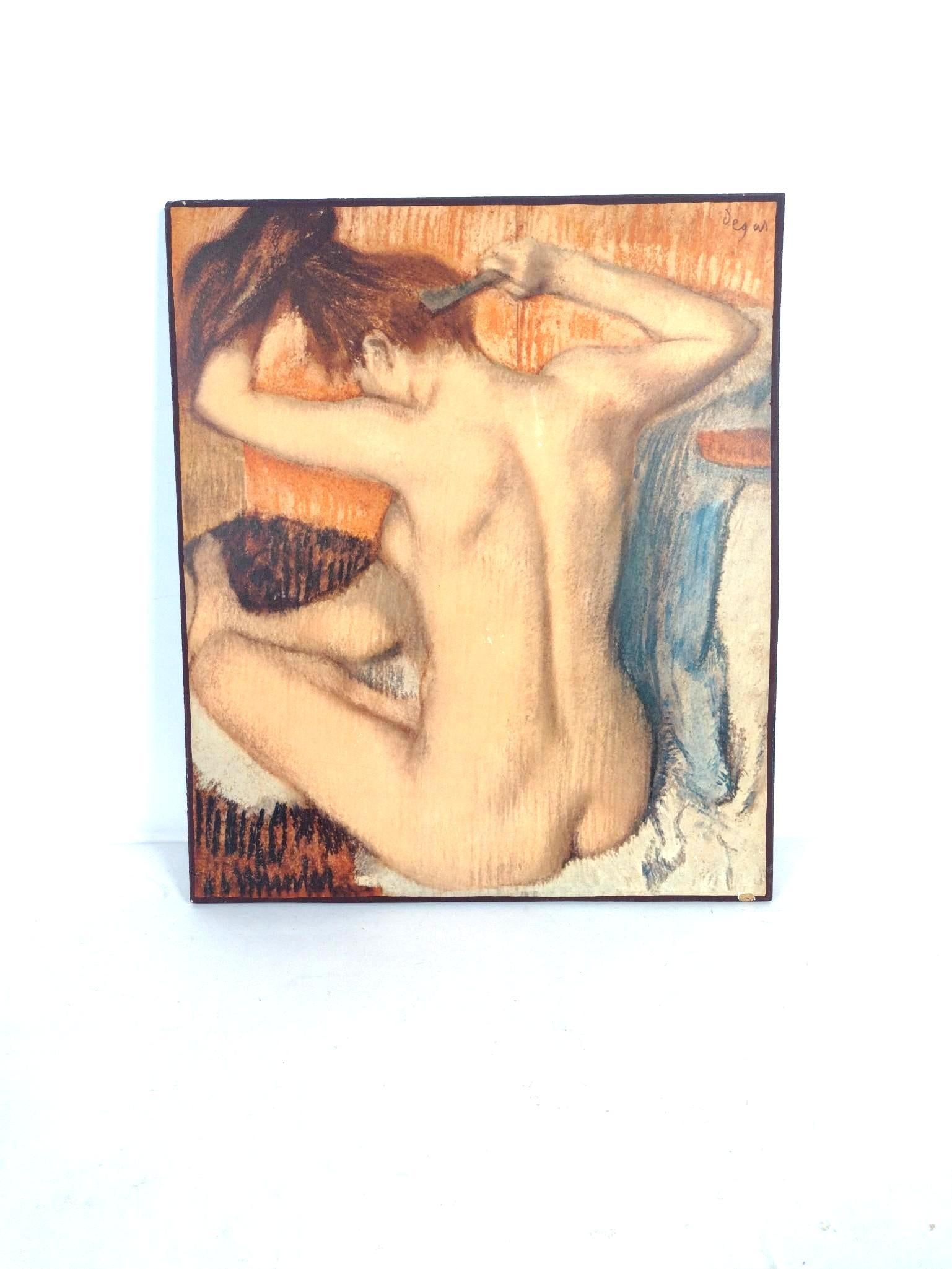 Edgar Degas "Woman Combing Her Hair" Print on Board: Print on wood board. Overall 20" high x 17-1/4" wide. loss to lower right corner. LR / MG