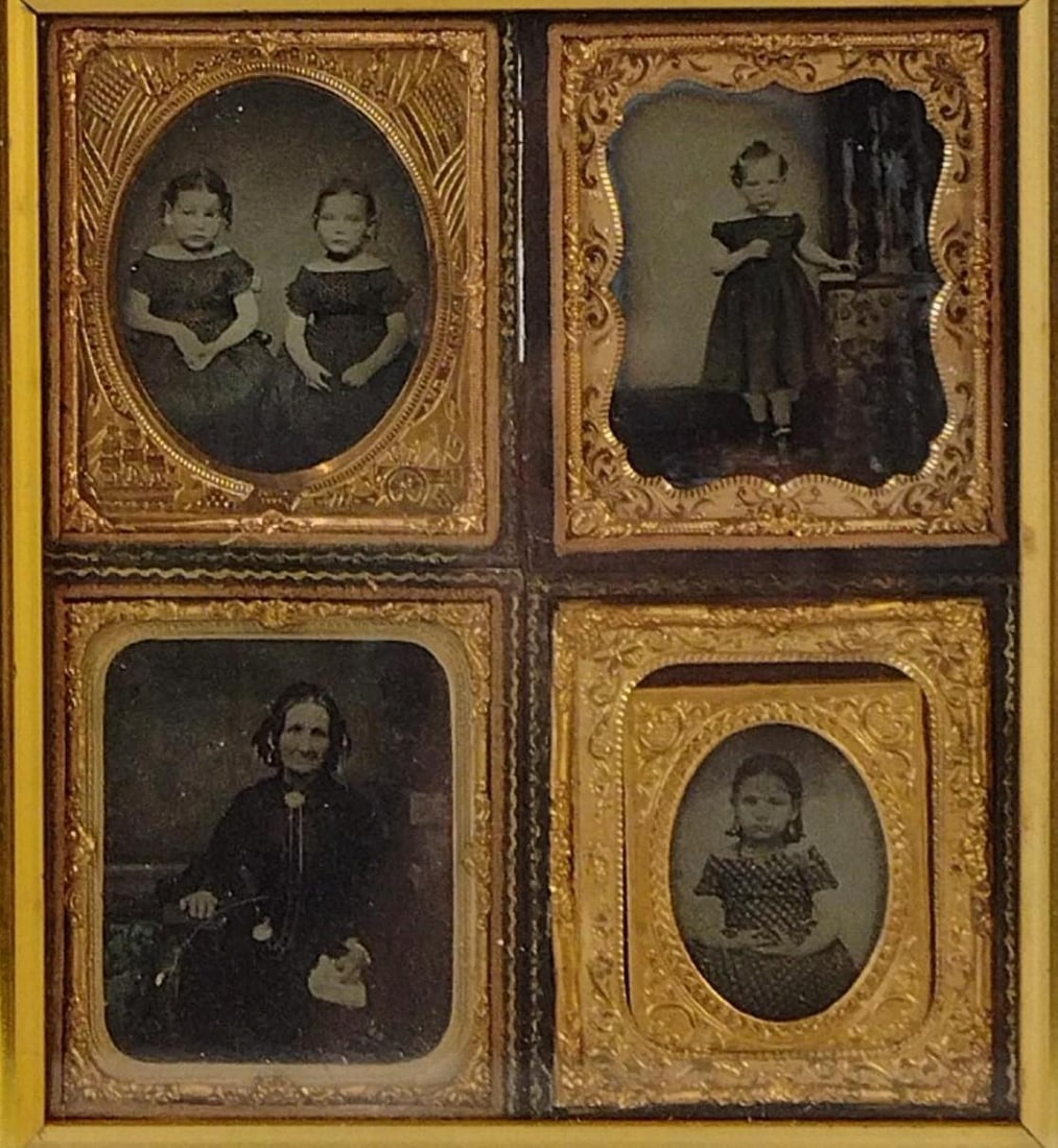 Shadow Box Frame with Cased Images incl Children: Overall with frame 12-1/2" high x 13" wide. LR
