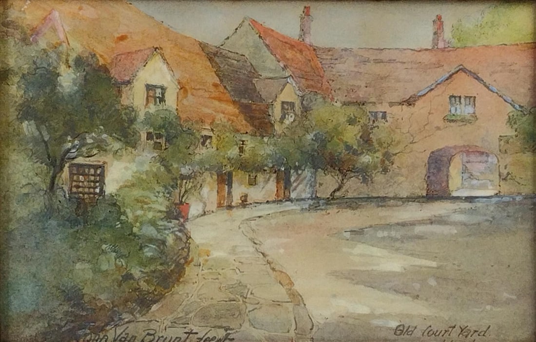 John Van Brunt "Old Court Yard" Watercolor: Sight: 6" high x 9" wide. Overall with frame: 9-1/2" high x 12-1/2" wide. LR