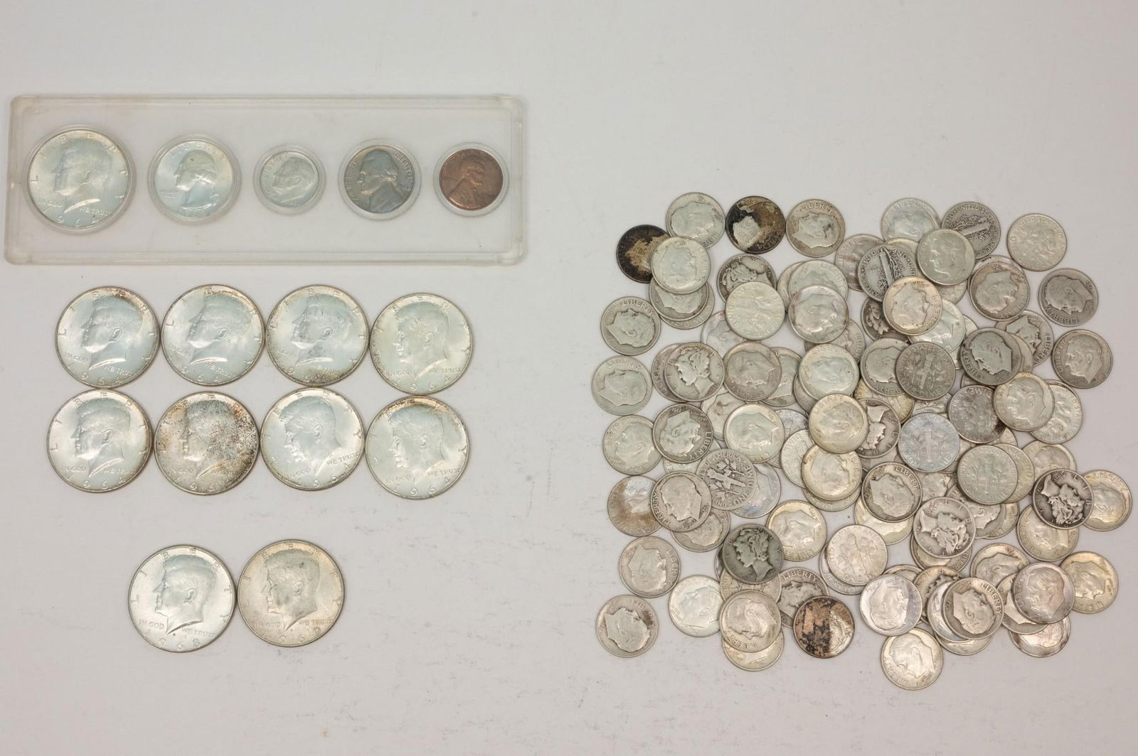 Silver Coins: Roosevelt and Mercury Dimes, Kennedy Halves, 1964 Date Set (1 of 6)