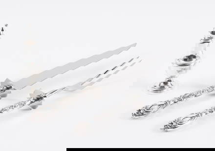 3 Sterling Silver Dinner Service Pieces: Includes Whiting Manufacturing Company serving fork & knife; and Columbia Sterling weighted salt shaker. All marked sterling. Serving pieces 11-1/2" to 13-1/2" long. Shaker 2" wide x 5" high. MEG