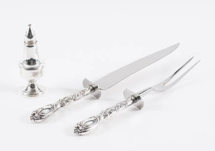 3 Sterling Silver Dinner Service Pieces: Includes Whiting Manufacturing Company serving fork & knife; and Columbia Sterling weighted salt shaker. All marked sterling. Serving pieces 11-1/2" to 13-1/2" long. Shaker 2" wide x 5" high. MEG