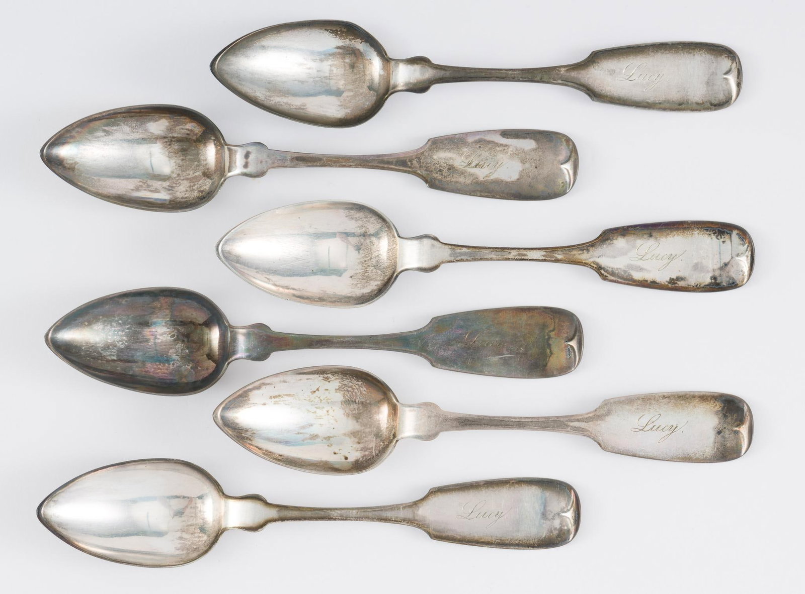 6 Vautrot Coin Silver Spoons: All engraved Lucy. All marked Vautrot Pure Coin on back. 5-3/4" long. 2.98 ozt total. MEG