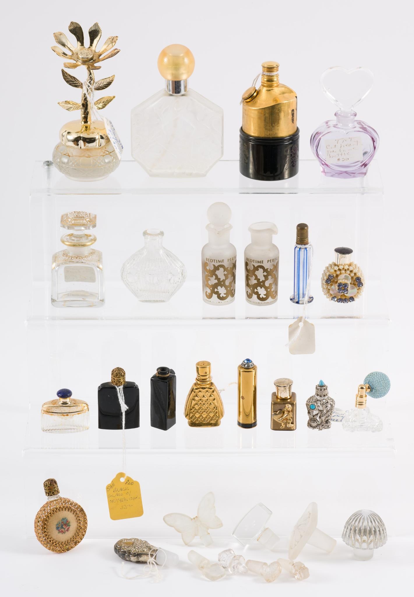 18 Empty Perfume Bottles, 8 Glass Perfume Stoppers, & 1 Lipstick Case (1 of 3)