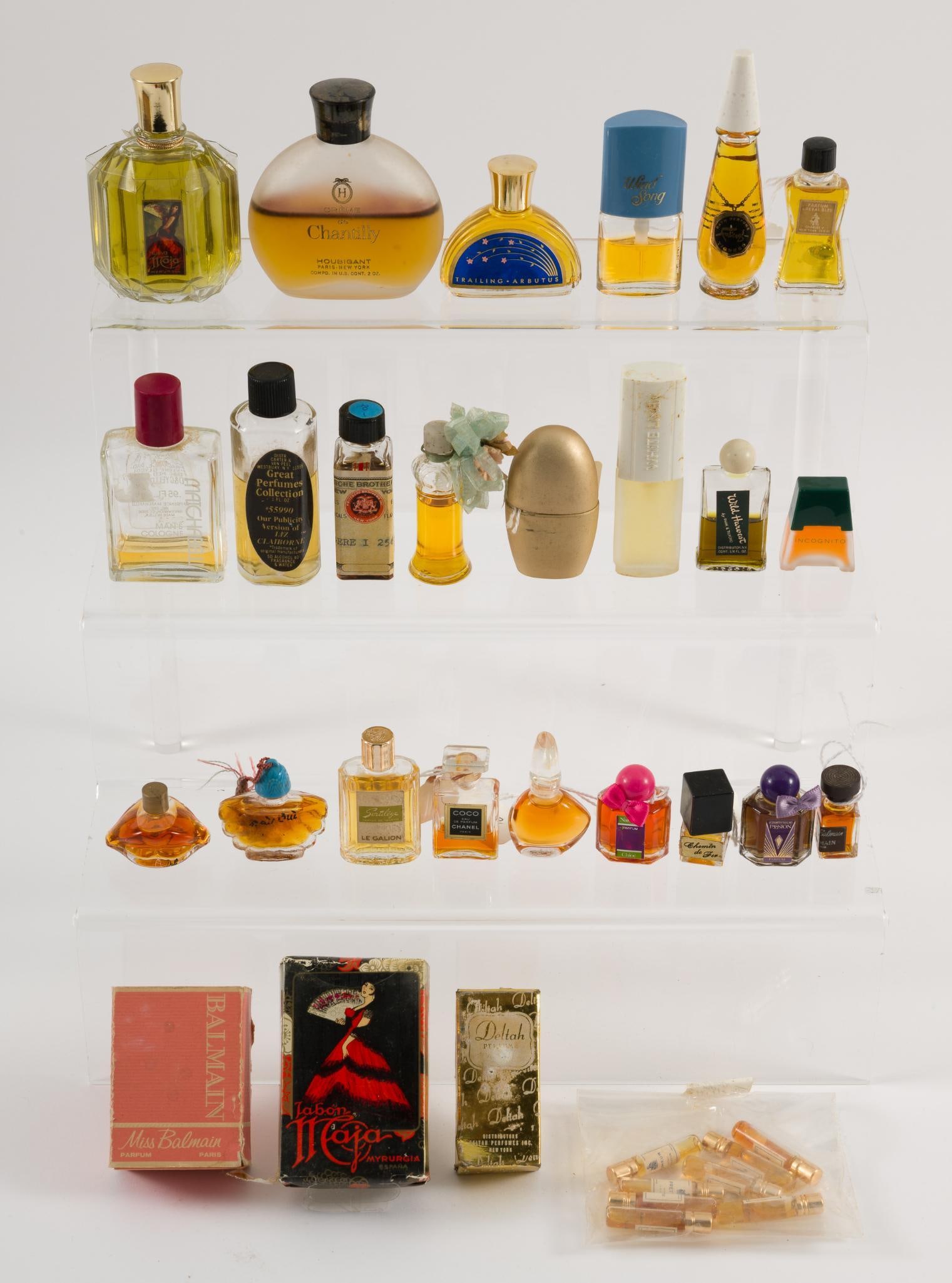 34 Pcs Perfume: Includes Chanel, Arpege, Myrurgia, Matchabelli, Fabrege, and more. 3/4" to 2-1/2" wide x 1-1/2" to 3-1/2" high. Some in boxes. MEG