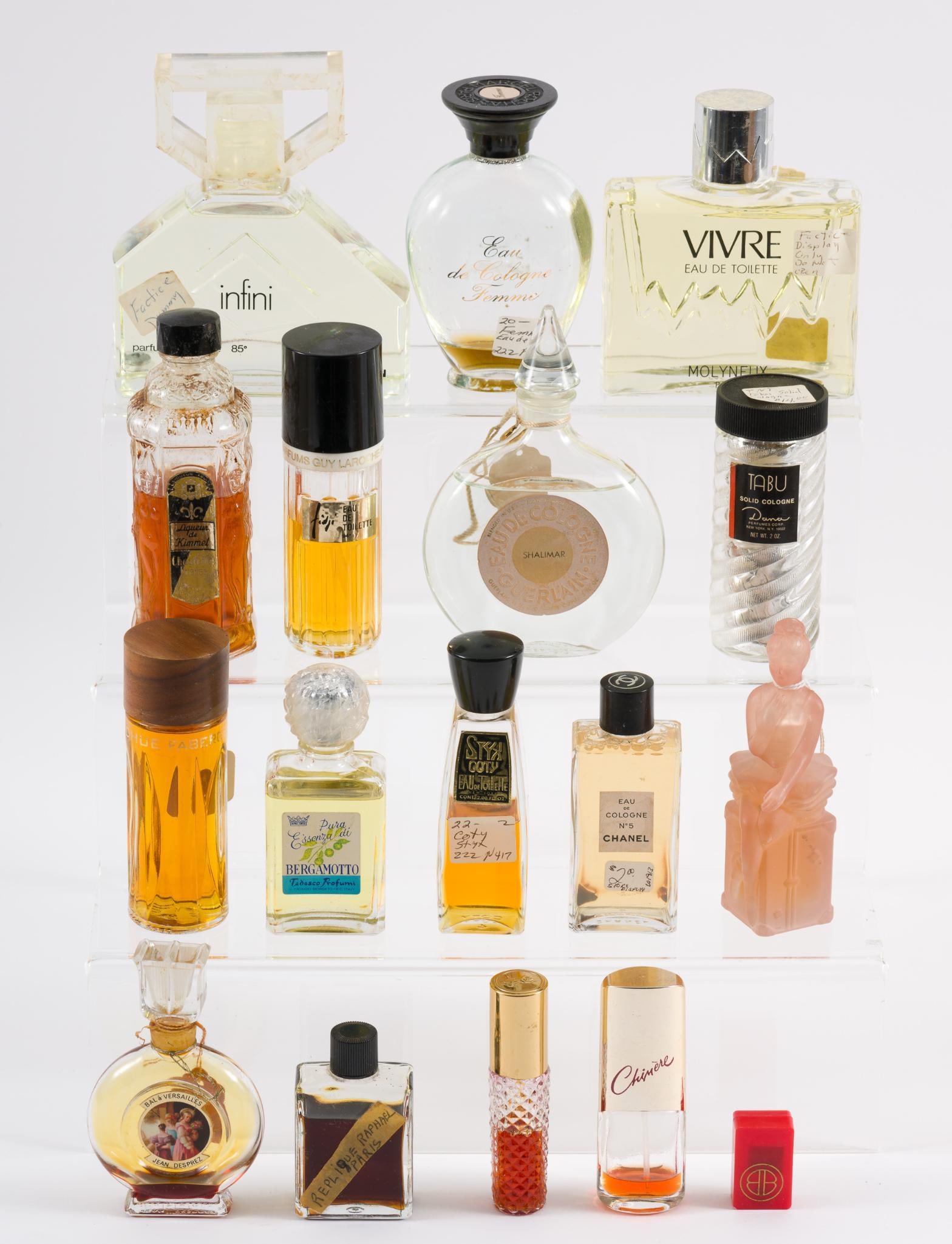 18 Pieces of Perfumes: Includes; Chanel, Balenciaga, Molyneux, Tabu, and more. 1" to 4-1/2" wide x 1-1/2" to 5-1/4" high. JS