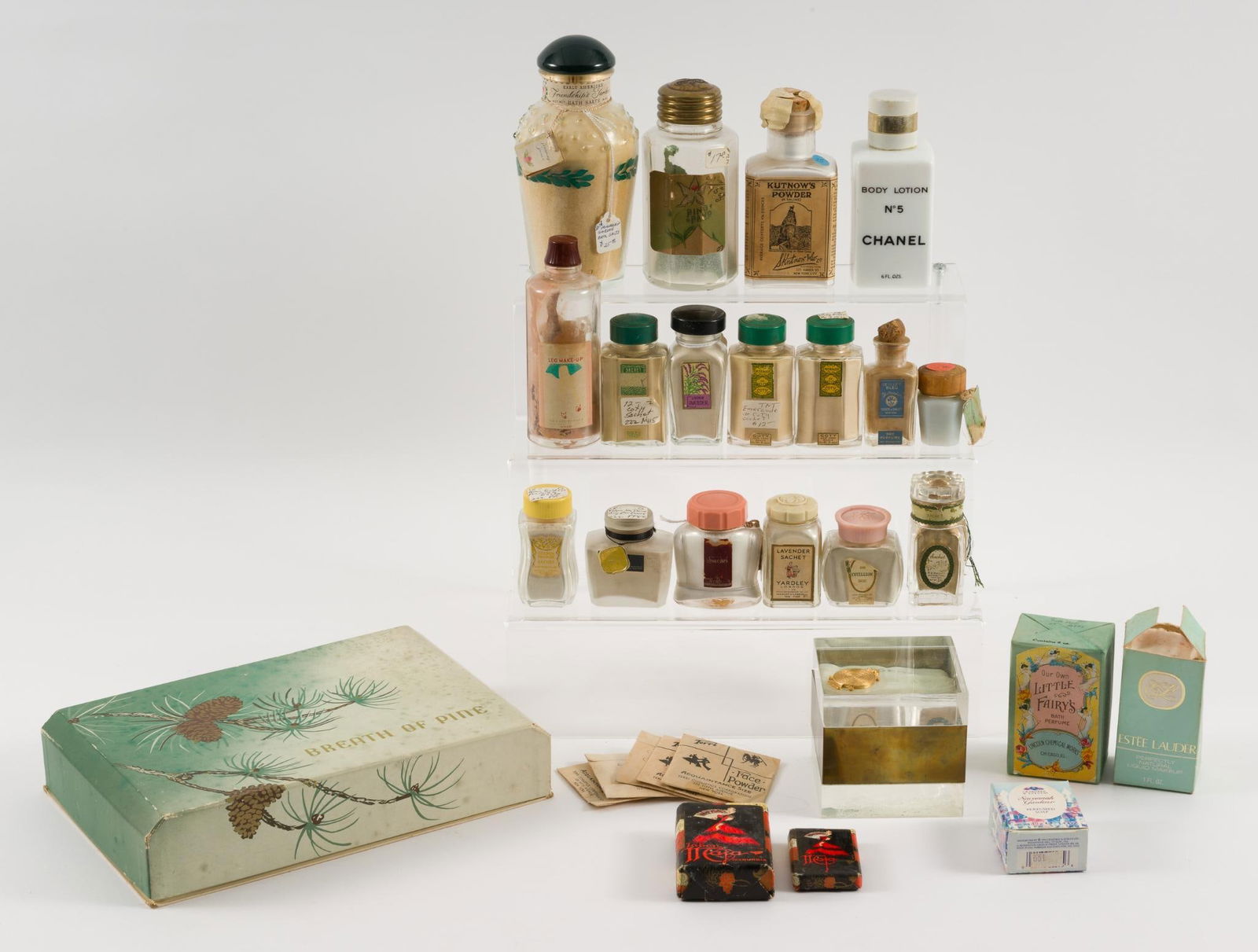 Various Cosmetics: Includes: Chanel, Avon, Coty, Kutnow, Early American, Estee Lauder, Tigeree, and more. 1-1/4" to 3" wide x 2" to 6-1/4" high. JS