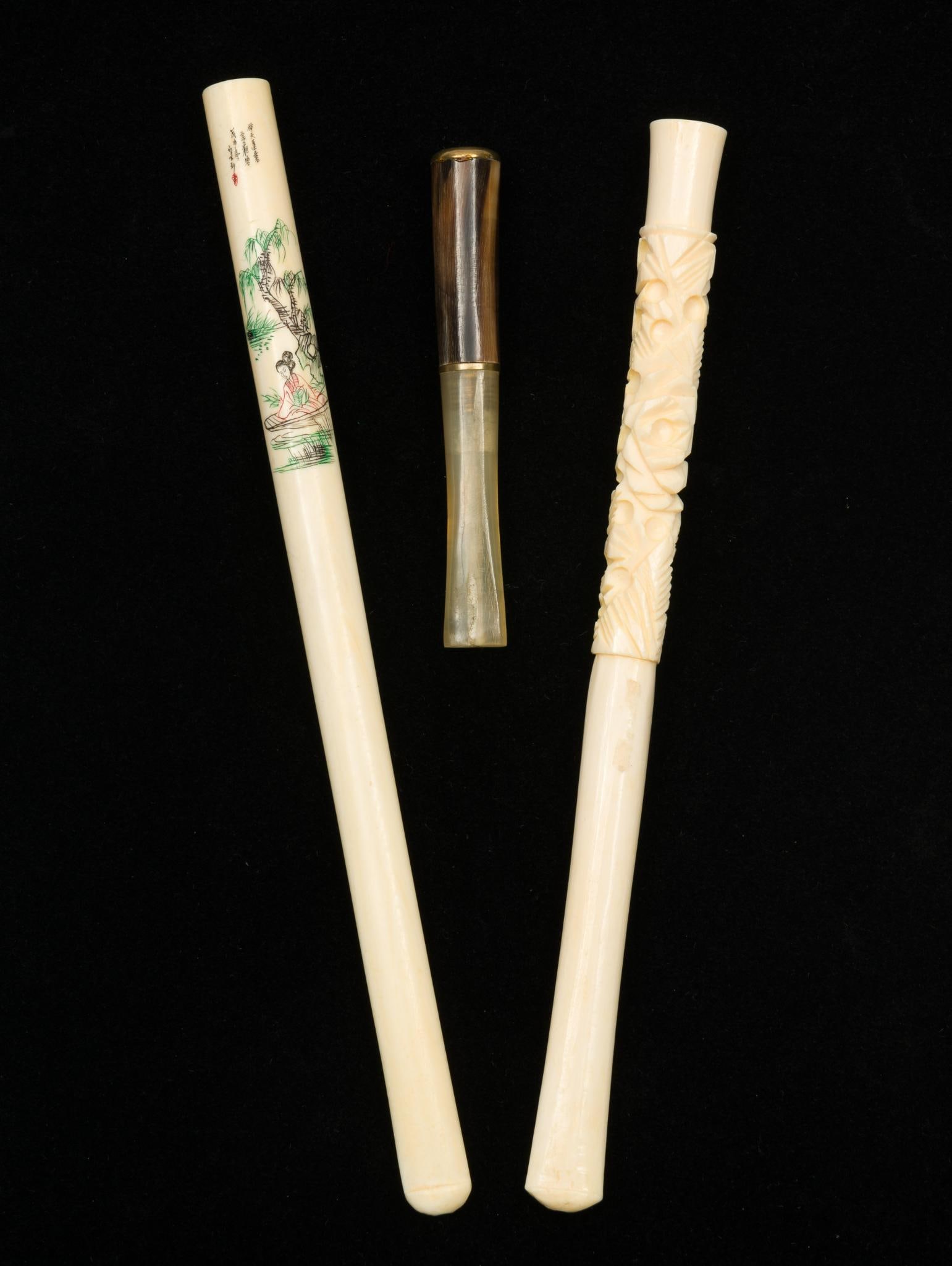 3 Antique Pipes: Bone including carved and Asian. 3-1/4" to 7-1/4" long. JS