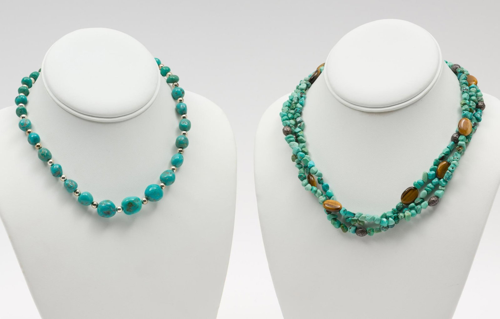 2 Sterling and Turquoise Necklaces: 15" and 17" long. Each with extension chain. JS
