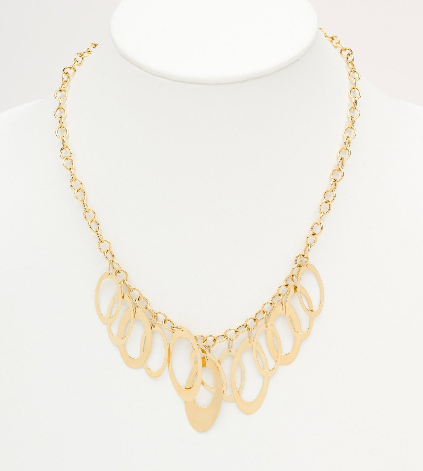 14K Gold Italian Necklace: Marked 14K Milor Italy. 18" long. Largest drop 1-1/4" high. 12 grams. JS