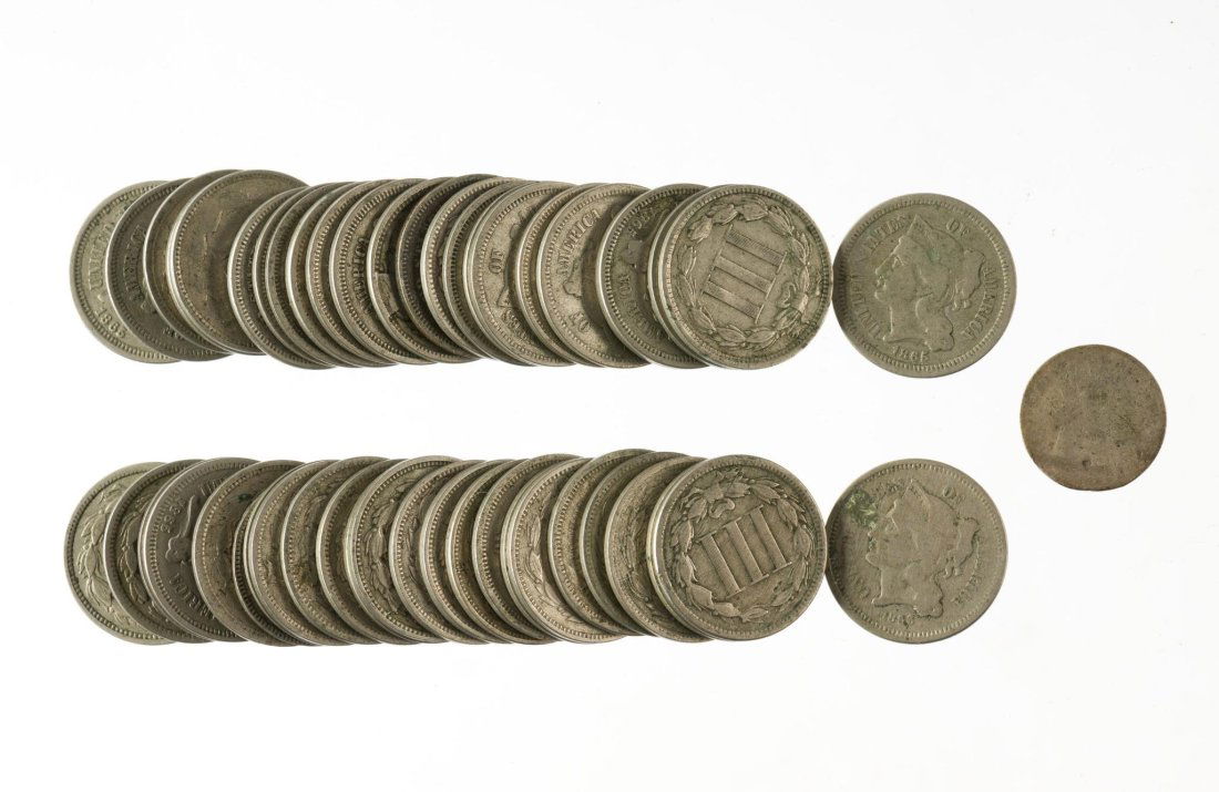 Large lot of 48 three cent nickels (1 of 3)