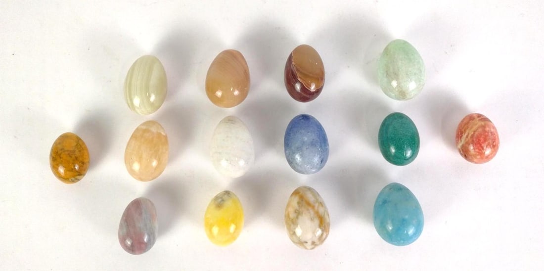 14 Hardstone Eggs: 1-3/4" to 2" wide x 2-1/2" to 3" high.