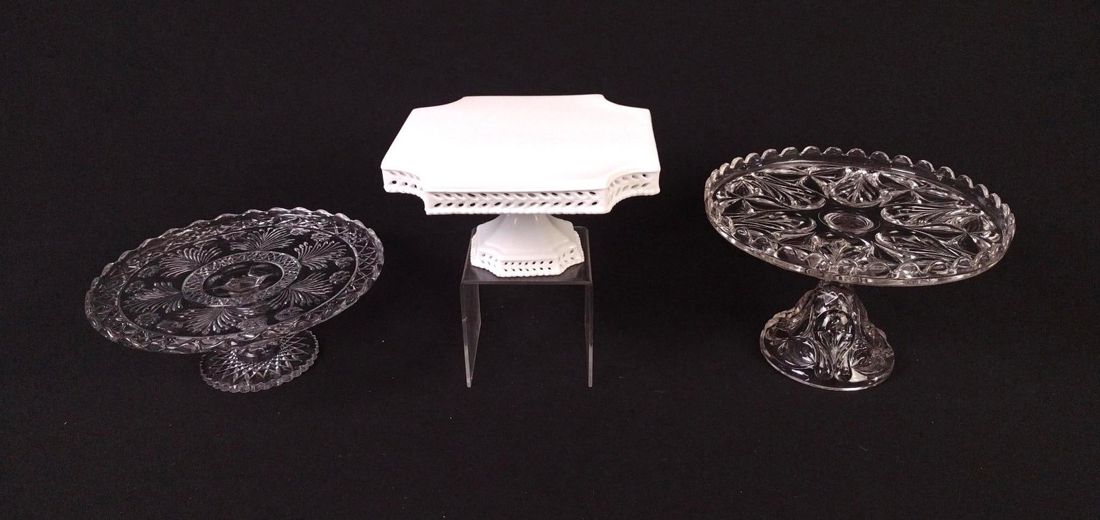 3 Cake Stands: 8" to 9-1/2" wide x 3-3/4" to 6" high.