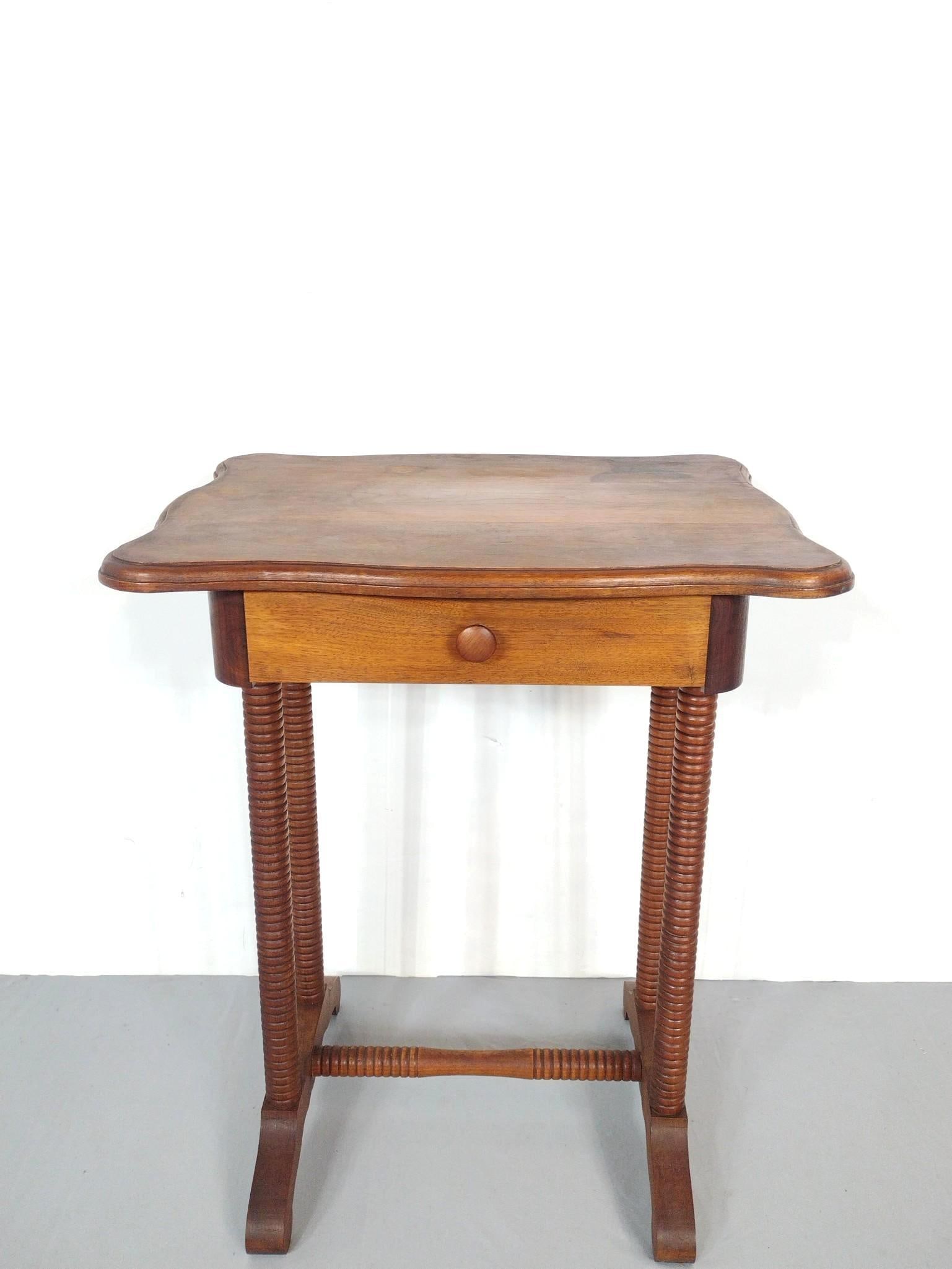 Single Drawer Work Table: 24" wide X 19" deep X 29" high. Has finish loss and discoloring to top. Also has some scratches. MG.