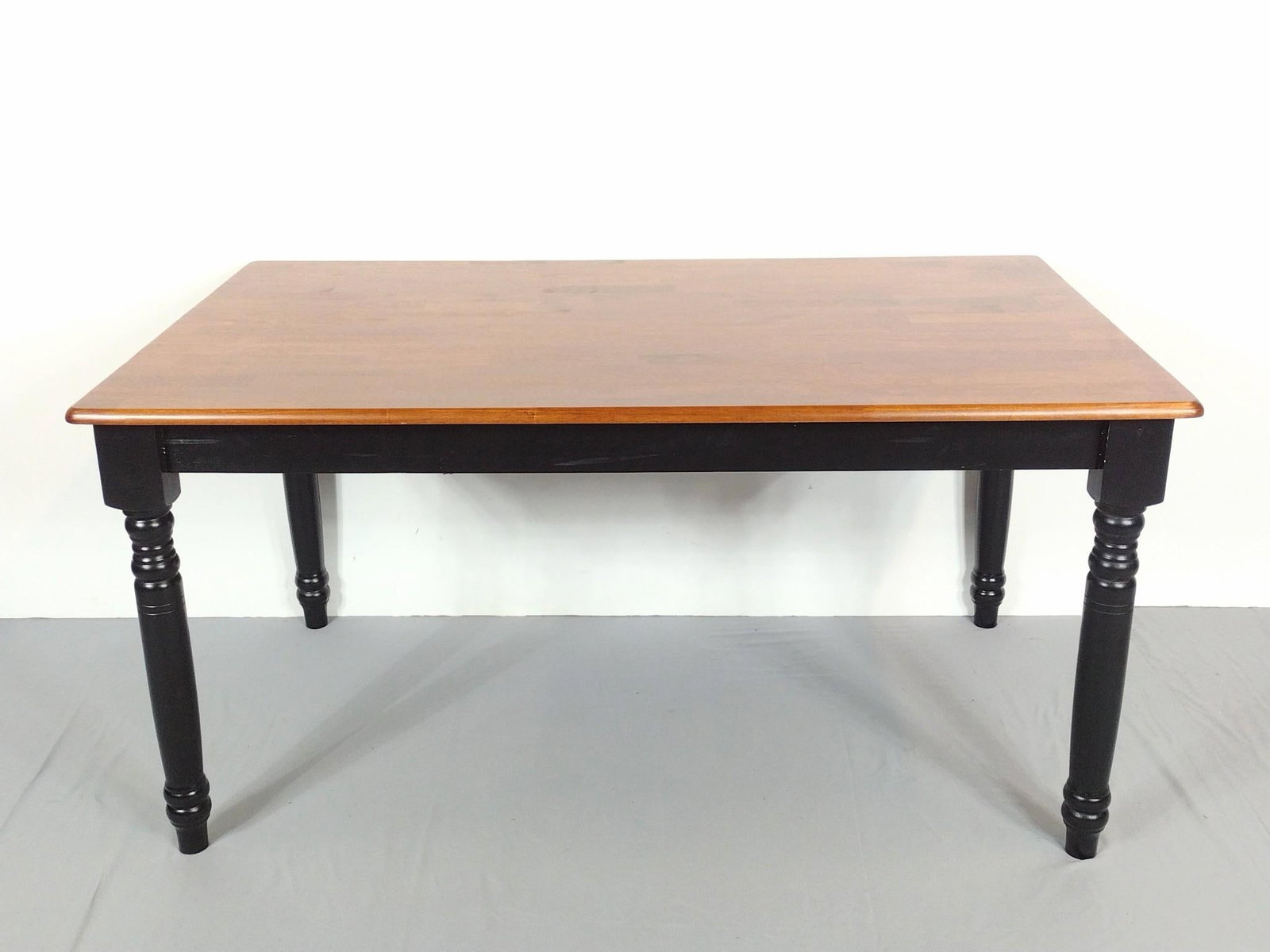 Dining Table: 59" wide X 35-1/2" deep X 29-1/2" high. Has a few light scratches. No manufactures name found. MG.