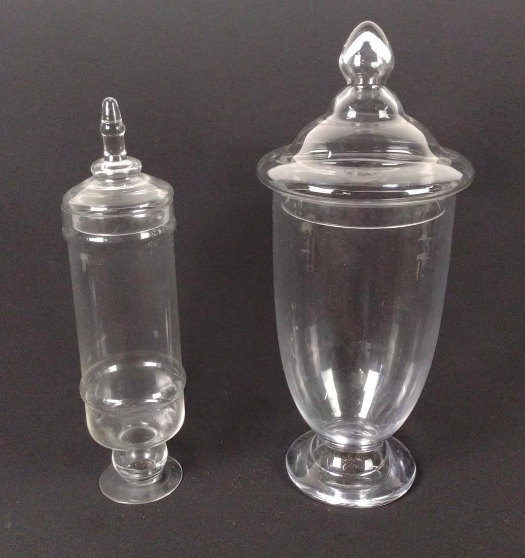 2 Glass Apothecary Jars: 5" to 9" diameter x 19-1/2" to 22" high.