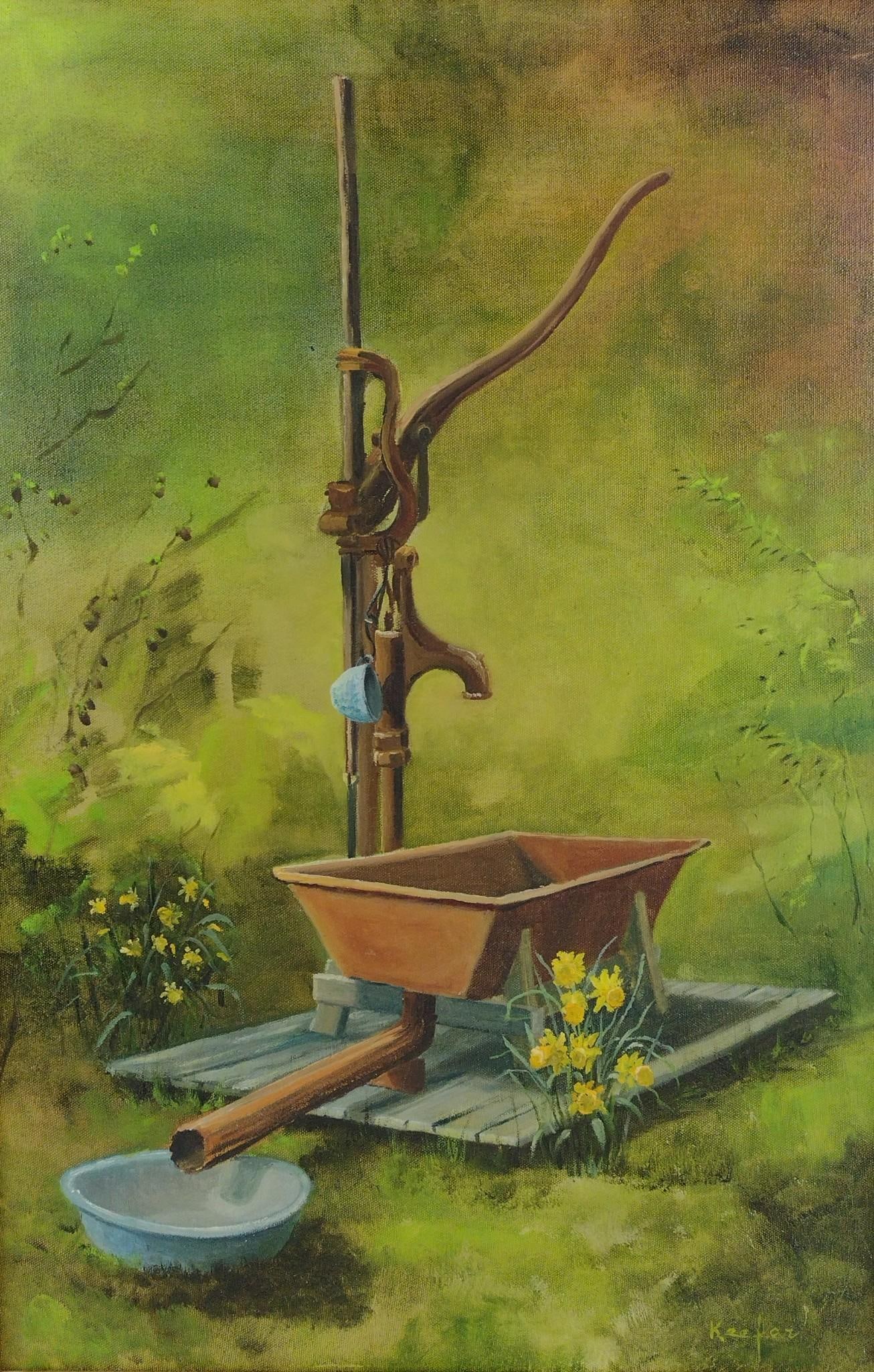 Dave Keefer "Pump at the Farm" Painting: Mechanicsburg, PA artist. Sight: 23-1/2" high x 15-1/2" wide. Overall with frame: 26-1/2" high x 18" wide. LR