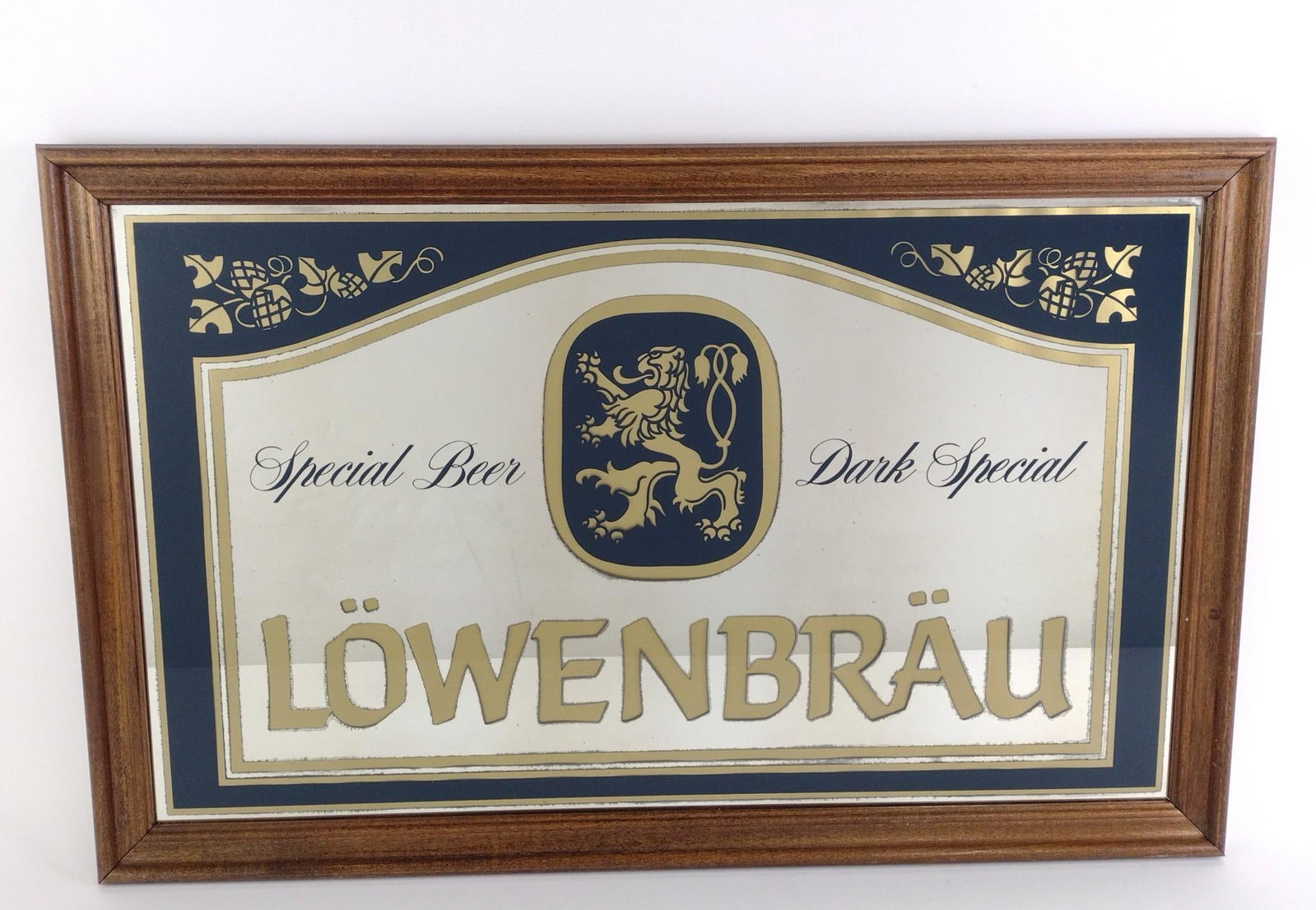 Lowenbrau Beer Advertising Mirror: Sight: 18" high x 29-1/2" wide. Overall with frame: 21" high x 33" wide. LR