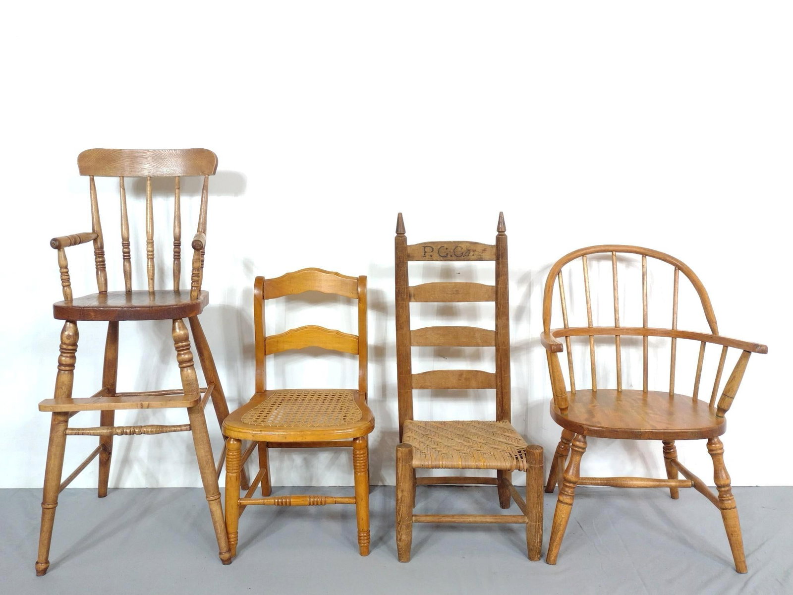 4 Children's Chairs incl Windsor: 12" to 17-1/2" wide X 10-1/2" to 12" deep X 23-1/2" to 35-1/2" high. MG.