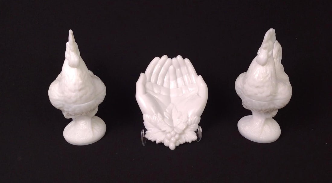 3 Pcs Milk Glass incl Roosters and Dish (1 of 5)