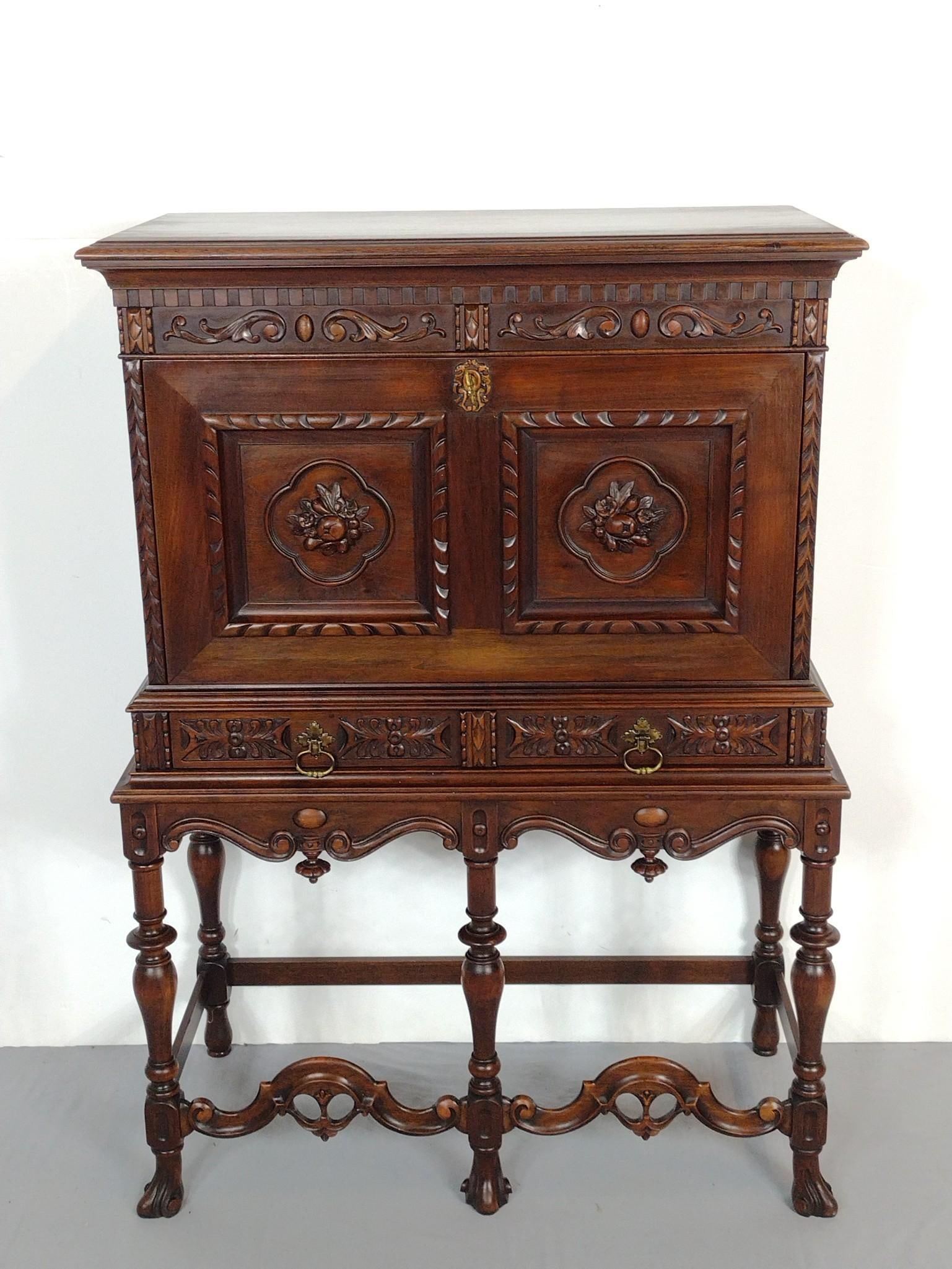 Ornate Drop Front Desk: 34-1/2" wide X 17" deep X 49-1/2" high. No manufactures name found. MG.