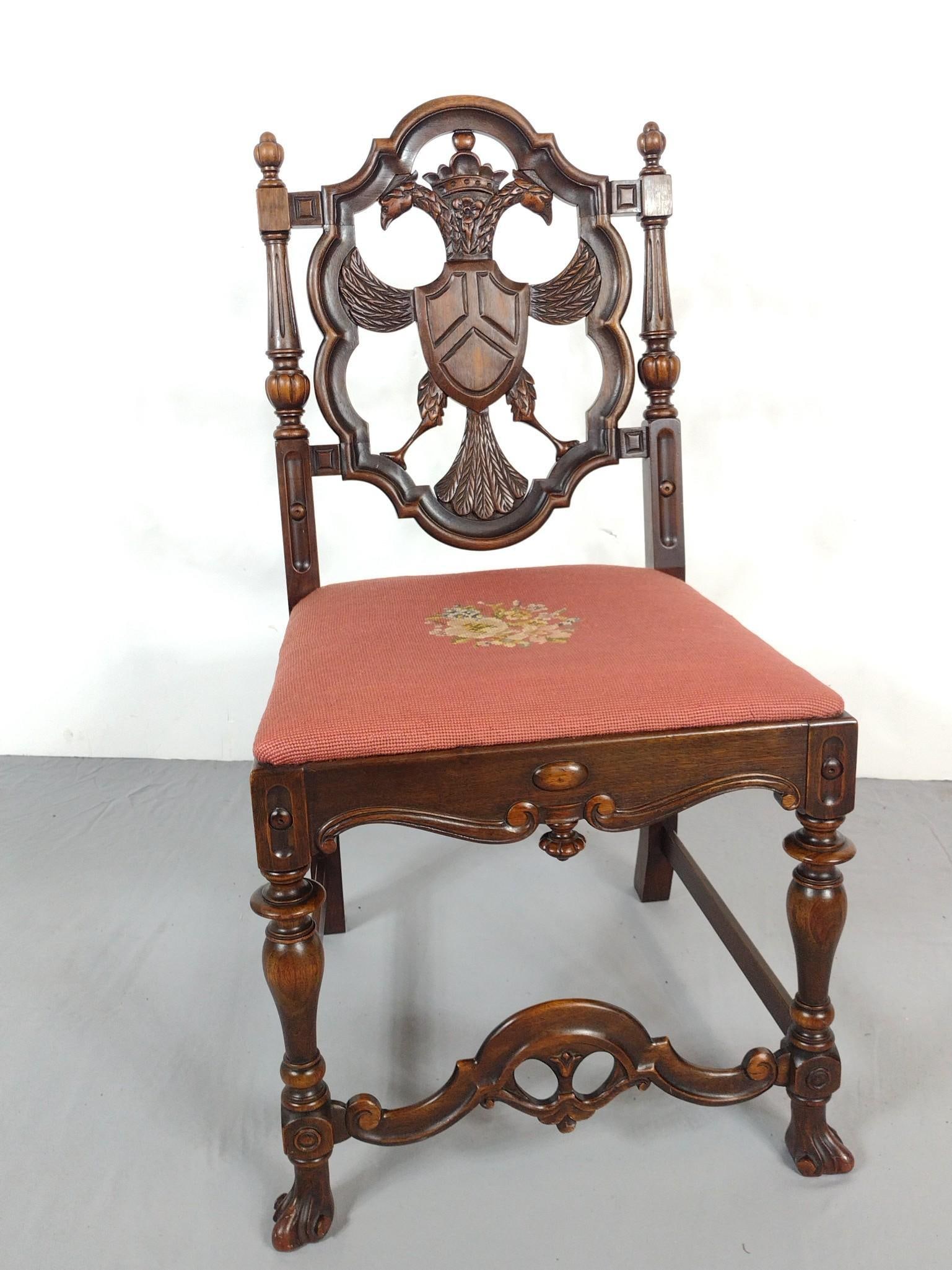 Needle Point Chair With Double Eagle Shield Back: 19" wide X 17" deep X 35-3/4" high. Has some loss on back rest. MG.