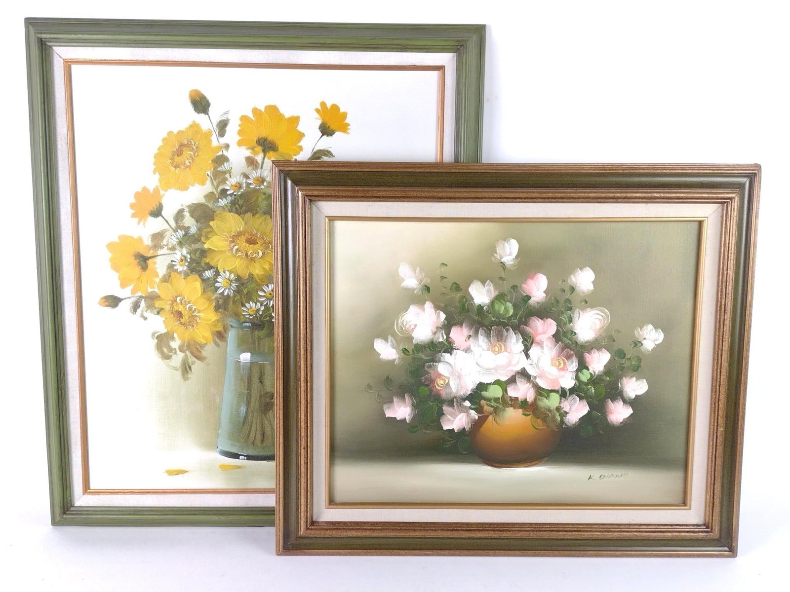 2 Floral Paintings incl K. Diana and Edward: Sight: 13-1/2" to 23-1/2" high x 19-1/2" wide. Overall with frames: 21-1/2" to 28-1/2" high x 24-1/2" to 25-1/2" wide. LR