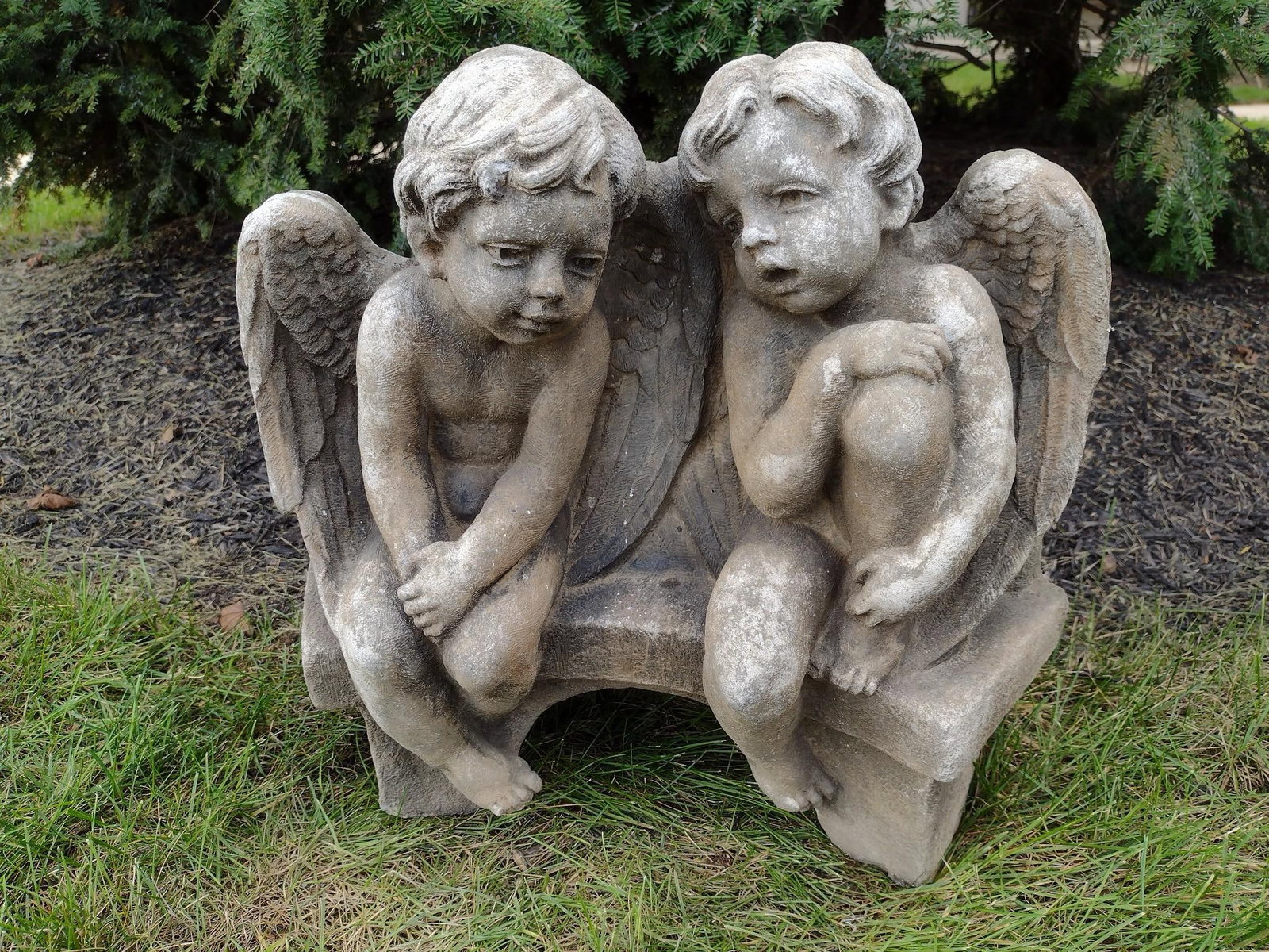Cement Angels On Bench: 16" wide X 7" deep X 16-1/2" high. Unmarked. MG.